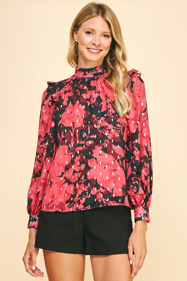 Jacquard Print Top-Red & Black