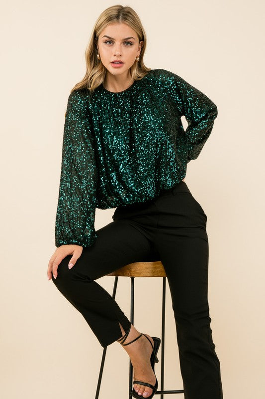 Long Sleeve Sequin Top in Teal