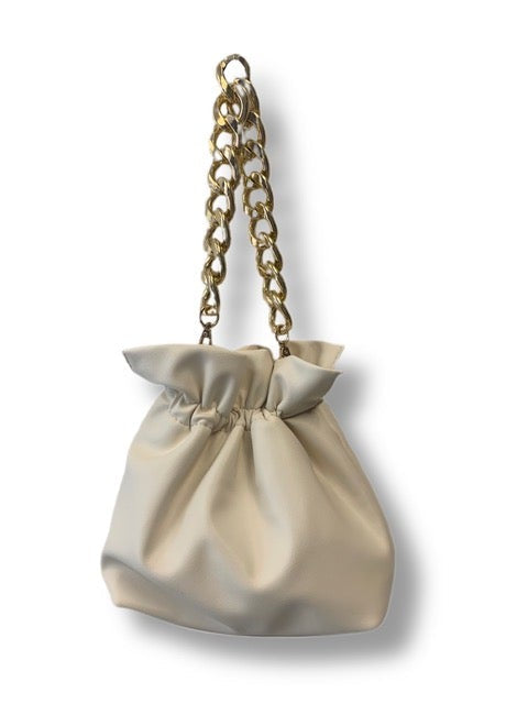 ah-dorned Small Cream Bucket Bag w/Gold Chain