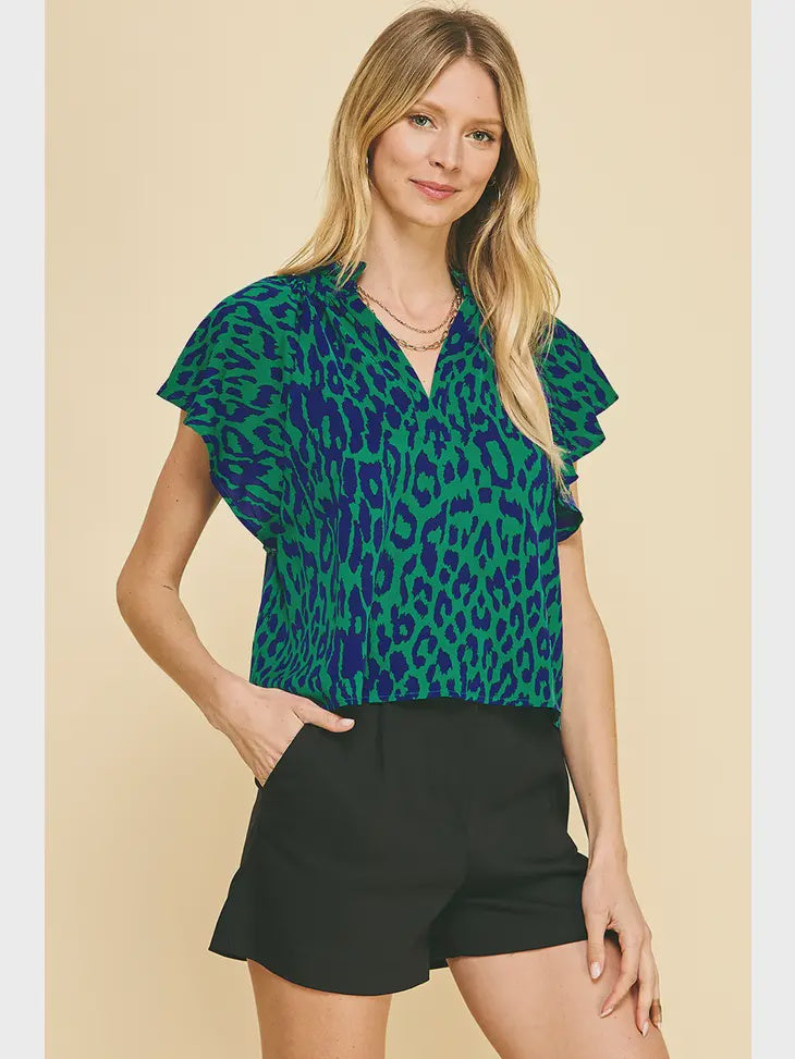 Animal Print Short Sleeve Top-Green/Blue